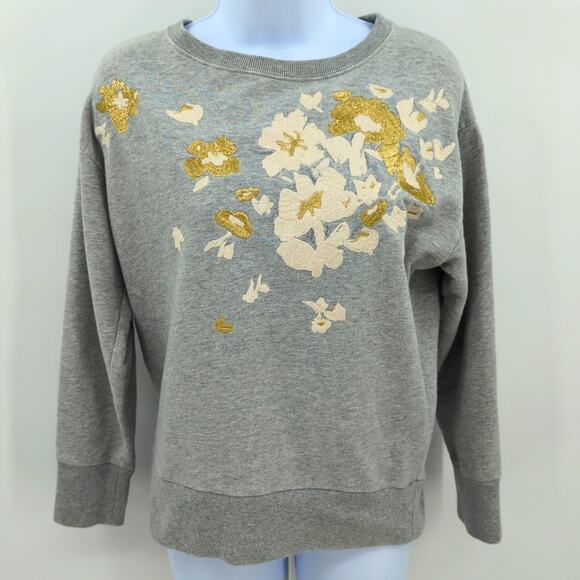 J Crew Sweater Womens Small Gray Embroidered Floral Gold Feminine Fall Holiday - Picture 1 of 9